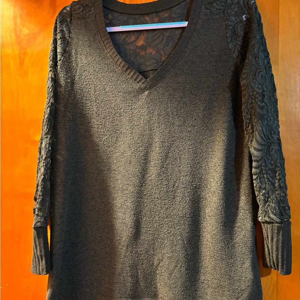 Torrid Olive V-Neck Sweater with Lace Sleeves